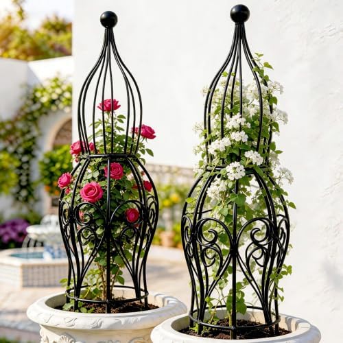 2-Pack Metal Garden Obelisk Trellis, 26.4" Butterfly Rose Plant Support - Image 6
