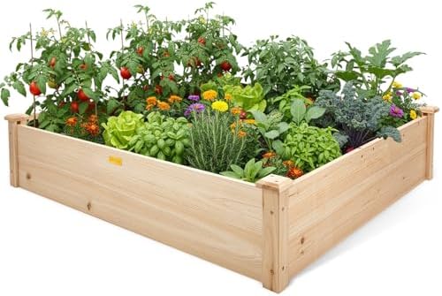 Hollyone 48" X 48" inches Wood Raised Garden Bed Frame Planters Wooden Elevated Planting Planter Box for Outdoor Herb Vegetables Flowers Grass Lawn Yard Patio - Natural 4×4ft by Hollyone