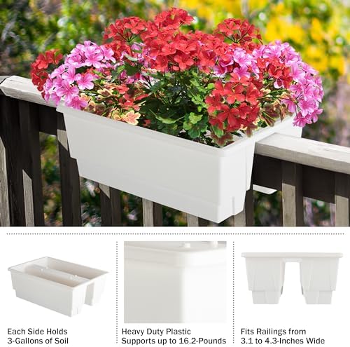 Railing Planter Box 2-Pack - 20.75-Inch Flower Boxes with Removable Drainage Inserts - 6-Gallon Outdoor Planters for Porch, Deck, or Balcony Decor, Fits Rail 3” - 4” by Pure Garden (White) - Image 5