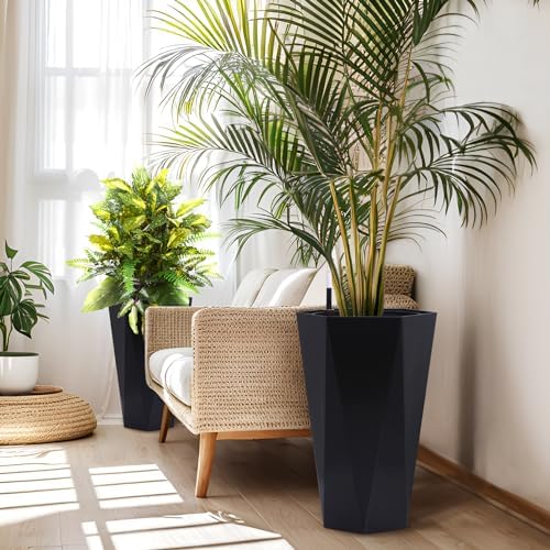 2 Pack 22 Inch Tall Diamond Planters, Modern Self-Watering Flower Pots with Water Level Indicator for Indoor & Outdoor Plants, Patio, Porch, & Home Décor, Black - Image 6