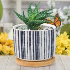 Blue French Ticking Stripes Planters Ceramic Feather Ticking Pattern Round Plant Pots with Drainage Holes and Bamboo Tray Pot for Home Desktop Office Windowsill - Image 6