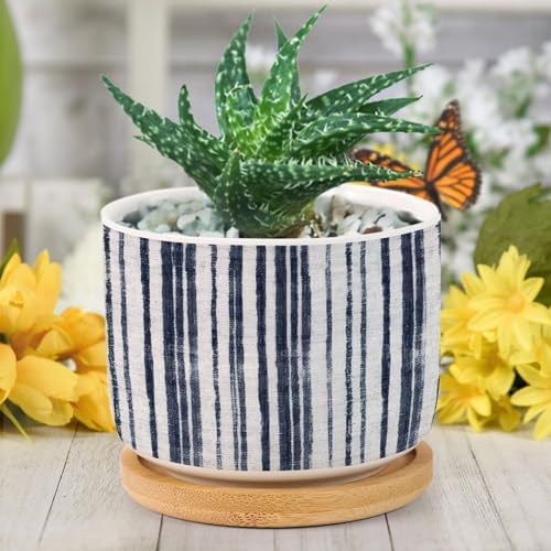 Blue French Ticking Stripes Planters Ceramic Feather Ticking Pattern Round Plant Pots with Drainage Holes and Bamboo Tray Pot for Home Desktop Office Windowsill - Image 6