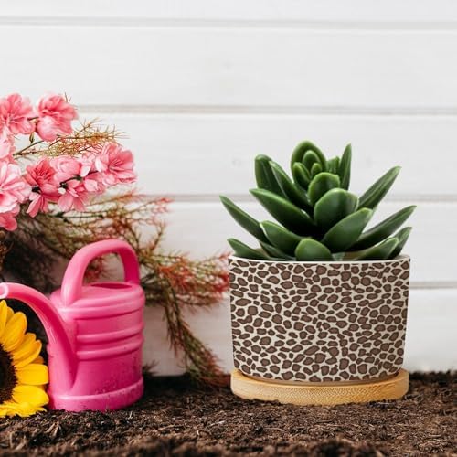 Leopard Brown Dot Planters Ceramic African Tribal Animal Print Round Flower Pot with Drainage Holes and Bamboo Tray Pot for Succulents Cactus Garden Windowsill - Image 5