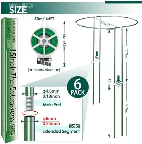 6 Pack 30 inch Plant Support Stakes, Heavy-Duty Half Round Peony Support, Garden Plant Stakes Cage for Outdoor Plants, Peony, Tomato, Hydrangea, (15In Support +15In Stainless Extension Tubes) - Image 2
