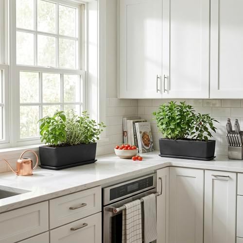 MyGift Matte Black Ceramic Indoor Plant Pot Succulent Planter, Decorative Flower Planter with Drainage Hole and Removable Tray (14 inch - 2 Pack) - Image 4
