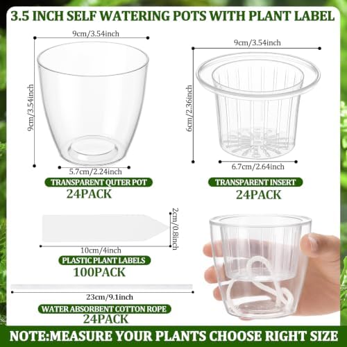 24 pcs Self Watering Pots 3.5 Inch Plastic Flower Plant Pot with Inner Pot Self Watering Wick Planter Clear Flower pots for Indoor House Plants Herbs, Flowers, Succulents, 100 Plant Label - Image 2