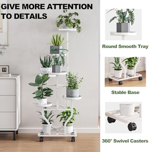 Plant Stand with Wheels, White 6 Tier Metal Plant Shelf for Indoor Outdoor - Image 6