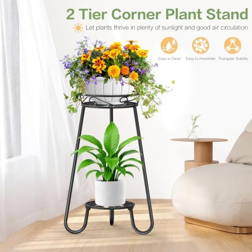 2 Tier Corner Plant Stand Indoor, 27.2 In Tall 3-Leg Metal Flower Pot Stand - Image 5