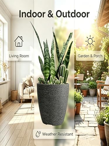 10 Inch Garden Planter Lightweight Indoor Outdoor Pots with Drainage Hole for Potted Plants Flowers Greenery, Set of 2, Black Grain Texture - Image 3