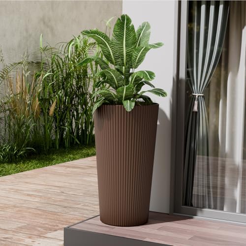 24" Tall Planters for Outdoor Plants,Large Outdoor Planters for Front Porch Decor with Drainage Hole, Flower Pots Fits Indoor Plants Patio/Garden, Plastic Striped Brown(2 Pack) - Image 7