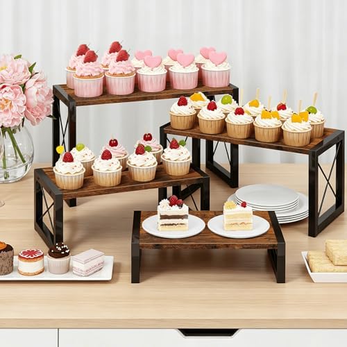 ELITEROO Wood Risers Display Stands Set of 4, Wooden 4 Tier Cupcake Stand, Tiered Riser for Vendors, Decorative Display Risers for Food Desserts Buffet Table at Party Wedding, Rustic Brown - Image 2