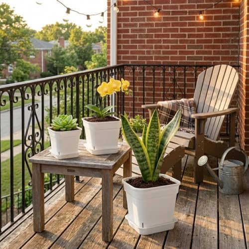 BTPLASTIK 6 Pack 6/8/10 Inch Square Plant Pots with Saucers White - Image 2