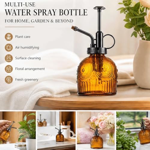 Vintage Glass Spray Bottle with Metal Pump – Retro Embossed Plant Mister, Thick Clear Glass Water Sprayer for Indoor Plants & Home Decor, Refillable Fine Mist Sprayer (3PCS) - Image 6