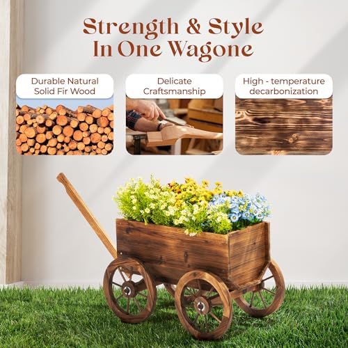 Wood Wagon Planter for Outdoor Balcony Decor - Garden Rustic Wooden Flower Cart with Wheels for Outside - Garden Decor - Amish Decorative Indoor - Wheelbarrow Planter for Patio - Image 3