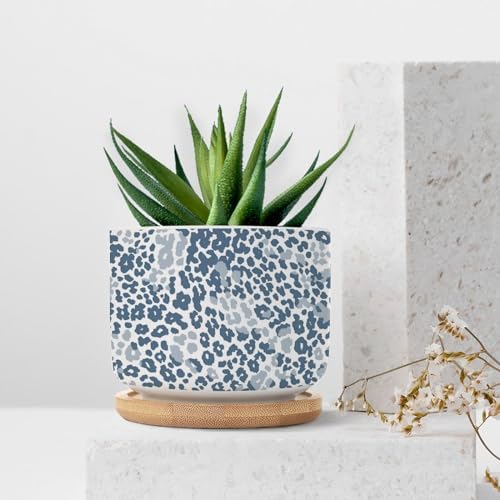 Leopard Dot Planter Ceramic Blue African Tribal Round Plant Pots with Drainage Holes and Bamboo Tray Pot for Succulents Cactus Garden Windowsill - Image 7