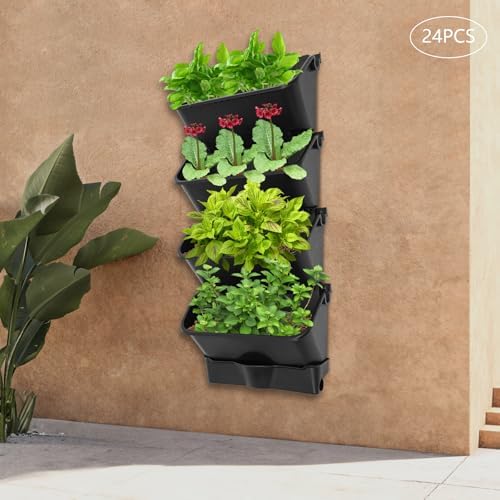 24Pack Vertical Wall Planter, 13 inch Wall Mounted Garden Planters, Stackable Wall Hanging Planter, Plastic Flower Pot with 4 Drainage Tray & 6.56FT Drainage Pipe for Indoor and Outdoor (Black) - Image 4