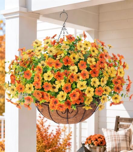 HyeFlora Artificial Fake Hanging Mums Plants Flowers Basket for Fall Autumn Outdoor Decor, Faux Silk Orange Dasiy Flower Look Real UV Resistant for Outside Porch Home Patio Garden Decoration - Image 3