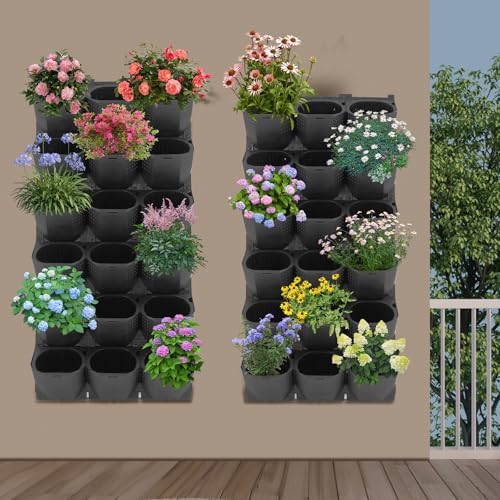 Vertical Wall Planter, Stackable Wall-Mounted Planter Indoor Outdoor w/36 Plastic Pots Living Wall Garden w/36 Non-Woven Fabrics Vegetable Hanging Pocket Holder Flowerpot (Black) - Image 5