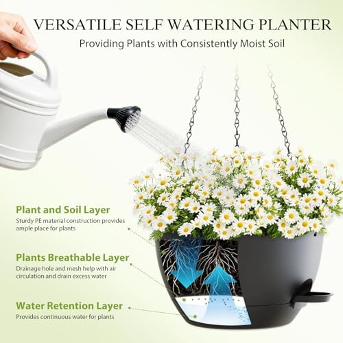 12 Inch Hanging Baskets 2 PC with Chains, Self-Watering Hanging Planters for Indoor Outdoor Plants, Plastic Hanging Flower Pots,Black - Image 4