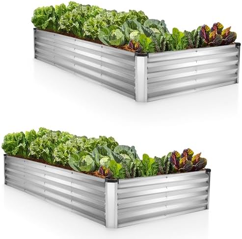 Plant & Plot Galvanized Raised Garden Beds Outdoor // 8×4×1 ft (2-Pack) Planter Raised Beds for Gardening, Vegetables, Flowers // Large Metal Garden Box (Silver) // Patented Tool-Free Design by PlantPlot