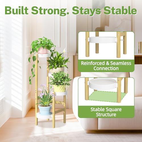 iDavosic.ly 4 Tier Bamboo Plant Stand Indoor Outdoor, Plastic Tray, White - Image 5