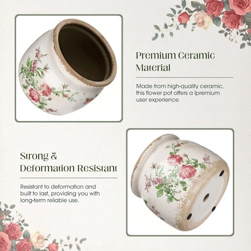 7.7" Large Ceramic Plant Pot Beige Red Romantic Rose Crackle Glaze Rustic Flowers Pot Decorative Planter with Drainage for Indoor Outdoor Plants Home Kitchen Office Decor Gift - Image 3