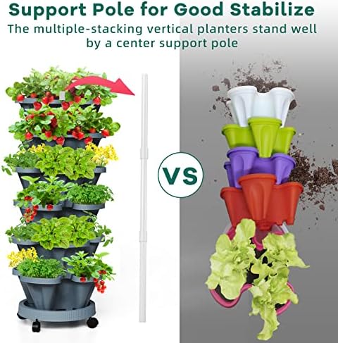 Strawberry Vertical Planters Tower Garden 3 Pack, 7 Tiered Stacking Herb Vegetable Planter with Support Pole Indoor and Outdoor - Dark Grey - Image 3