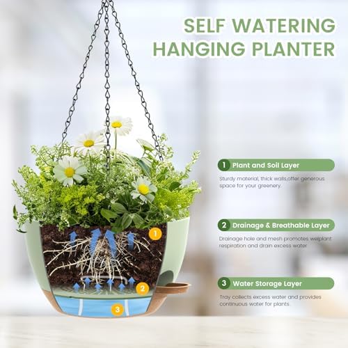 3 Pack 10 Hanging Flower Pots with Chains Self Watering Plastic Planters for Indoor Outdoor Plants, Sturdy Triangular Iron Chain Design for Garden PorchPlastic hanging flower pots (3, Green Brown) - Image 3