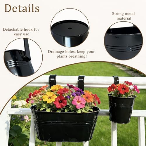 6 Pack Mixed Size Balcony Hanging Planters for Patio Garden Décor, Black - Image 3
