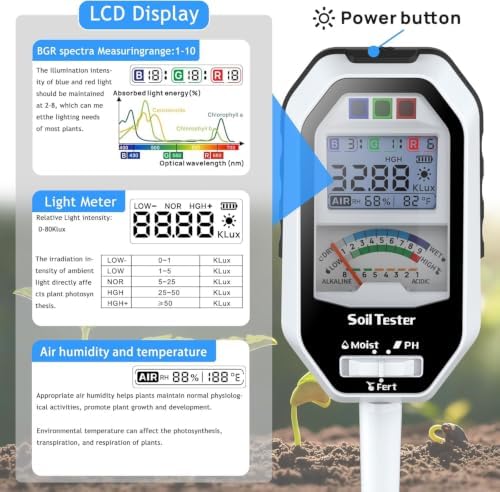 Soil Moisture Meter, 7-in-1 Soil PH Tester/Soil Moisture/Fertility with Removable Probe, Digital Air Temp/Humidity/Sunlight Intensity/BGR Spectral for Plants Gardening, Lawn and Indoor Outdoor Plants - Image 3