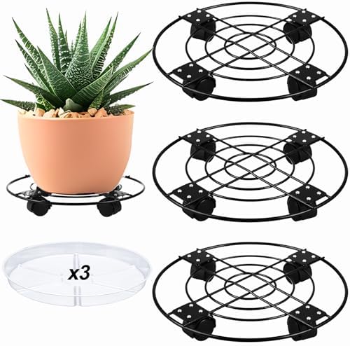 3 Packs Large Metal Plant Caddy 13” Plant Dolly with Casters Heavy Duty Wrought Iron Rolling Plant Stand with Wheels for Indoor and Outdoor Plant Pot Rollers Black, Plastic Saucers Included by Planterhoma