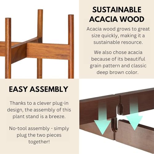 Fox & Fern Mid Century Plant Stands for Indoor Planters, Acacia, 11.8 Inch - Image 3