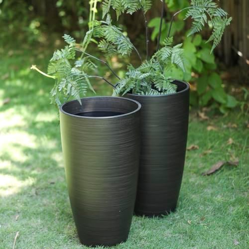 Tall Round Planter 2Pack-11.8"W*21"H Dark Wooden Grain Finish Flower Pots Indoor Decorative Container Garden Patio Outdoor Indoor Plants Unbreakable Resin With Drainage Hole&Movable Insert Shelf - Image 7