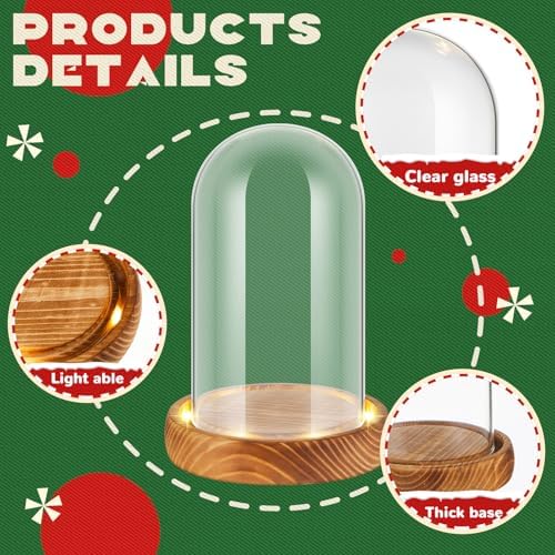 4 Pack 3.54'' x 5.91'' Christmas Glass Cloche Domes with Light Wood Base - Image 3