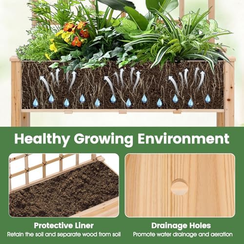 GIANTEX 65'' Wooden Raised Garden Bed w/Trellis on Wheels, Mobile Elevated Planter Box w/Legs, Liner & Drainage Holes for Climbing Plant Vegetable Herb Flower, Outdoor Garden Box, Backyard Balcony - Image 3