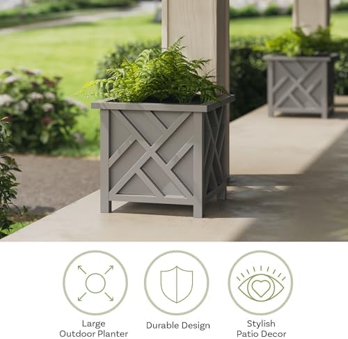 Lattice Design Outdoor Planter Box 2-Pack - 15.5” Square 16.5” Tall Gray Decorative Plant Pots for Front Porch Decor - Flower Pots Outdoor Planters for Porch Patio or Garden Decor by Pure Garden - Image 5