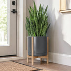 D'vine Dev Ceramic Pot with Natural Wood Stand, Grey, 14 in, 55-B-R-3 - Image 4
