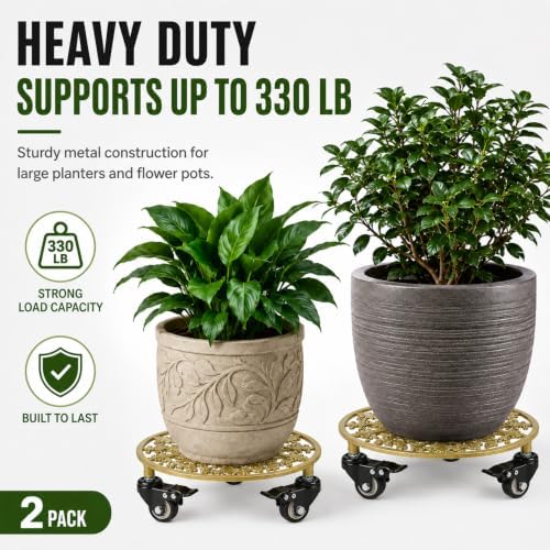 2 Pack 11" Heavy Duty Round Metal Plant Caddy with Wheels, Gold - Image 3