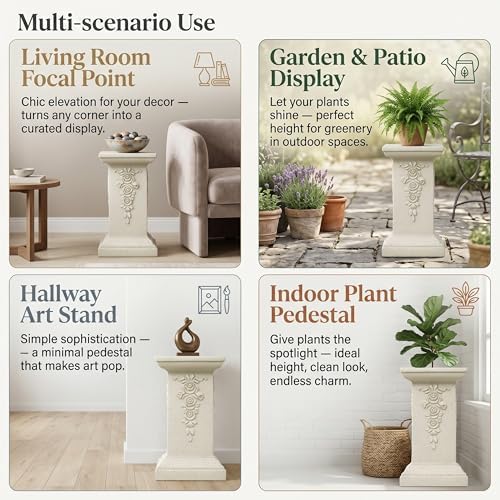 Virubi 22.24" H Ornate Gothic Pedestal Stand - Antique White MGO Plant Display Column, Weather-Resistant Indoor/Outdoor Decor Side Table, No Assembly Needed (Sand Style2) - Image 4