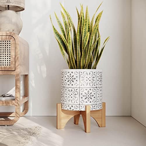 EverNest Tristan Boho Chic White and Black Embellished Patterned Modern Planter, Bohemian Style, Planter with Arch Wood Stand, Indoor Home Decor Plant Holder (Small, 1 Gallon) - Image 5