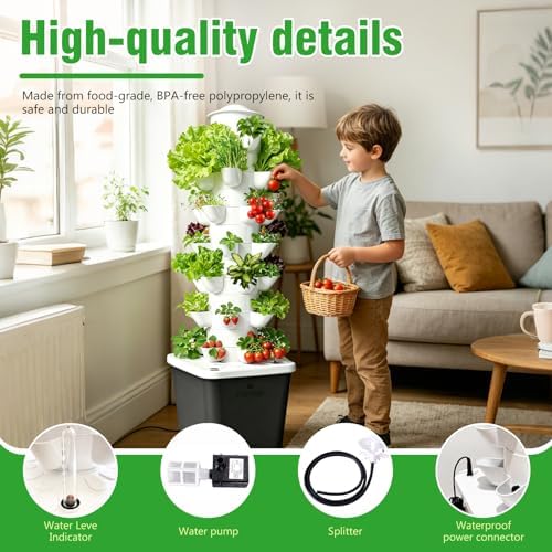 Hydroponics Tower Indoor Growing System Vertical Garden Planter Indoor Smart Garden Kit with Pump and Movable Water Tank Vegetable Plant Gift for Gardening Lover (Gray-35plants) - Image 4