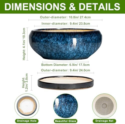 Bonsai Tree Pots 10 Inch - Ceramic Succulent Pot with Drainage Hole and Saucer, Bonsai Pots for Indoor Outdoor, Round Succulent Planter, Shallow Planter, Desk Decor, Plant Lover Gifts, Blue - Image 2