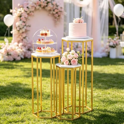 Urban Deco Cylinder Stands for Party, Set of 3 Gold Hexagon Pedestal Stands - Image 2