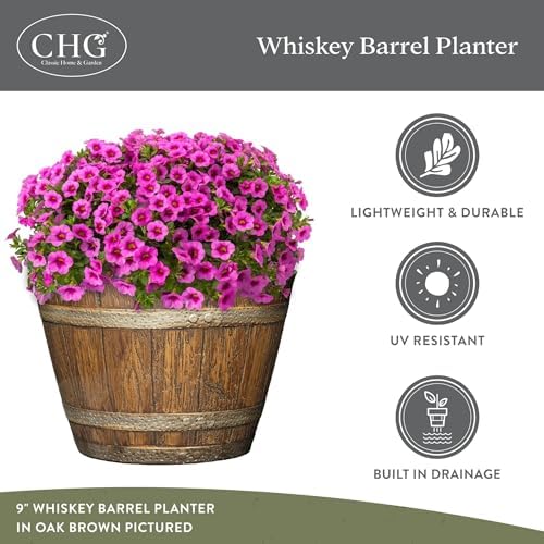Classic Home and Garden Whiskey Plastic Resin Flower Pot Barrel Planter, Walnut Brown, 20.5" (Pack of 3) - Image 4