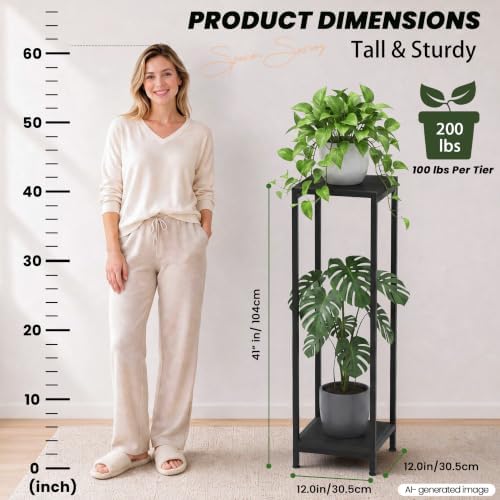 TOSKING 2-Tier Wide & Tall Plant Stand Indoor, Modern Metal Shelf, Black - Image 4