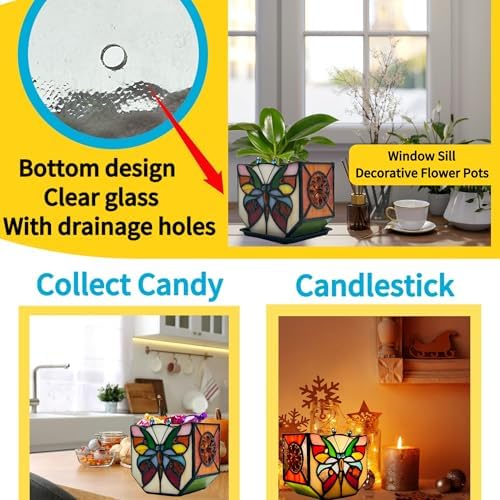 Handcrafted Stained Glass Butterfly Planter, Cute Planters for Indoor Plants,Decorative Indoor Flower Pot, Cactus Pot, with Drainage,Home Garden Decor - Image 6