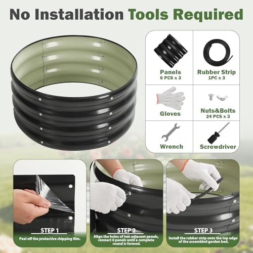 3 PCS Round Raised Garden Bed 2x2x1 ft, Metal Outdoor Planter Box Kit with Safety Rubber Edge, Easy Assemble Bottomless Small Planting Container for Vegetable, Flower, Fruit, Grey - Image 2