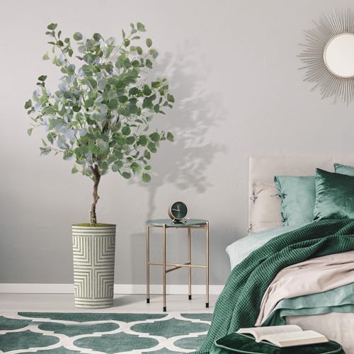 Artificial Tree in Geometric Pattern Planter, Fake Eucalyptus Silk Tree for Indoor and Outdoor Home Decoration - 66" Overall Tall (Plant Pot Plus Tree) - Image 5