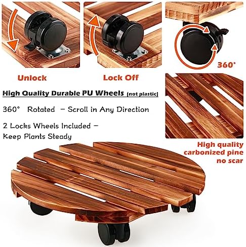 5 Pack Plant Caddy with Wheels Heavy Duty 13.5 Inch Wooden Plant Stand on Wheels Plant Dolly Rolling Plant Stand Plant Roller with Casters for Indoor and Outdoor with 5 Pack Plant Saucers, Round - Image 4
