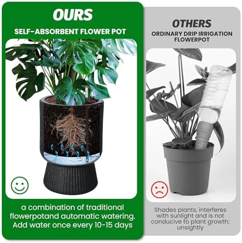 Takywep 14.2" Tall Planters Set of 2 – Self Watering Plant Pots with Drainage & Water Level Indicator, Indoor Planters for Living Room, Home Office, Patio, Porch-Black - Image 7